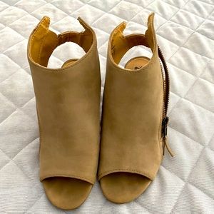 Tan suede Brash open toe bootie. Size 6